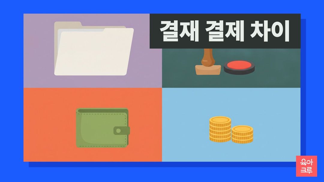 결재 결제 차이 일러스트, 빈 서류철과 도장, 지갑과 동전