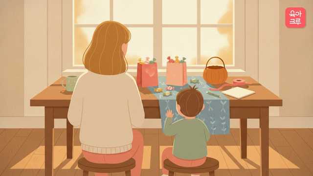 식탁 위에 놓인 종이 구디백과 낱개 포장 사탕, 호박 바구니를 아이와 함께 담는 모습을 뒤에서 본 그림