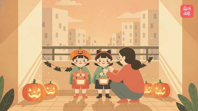 호박 모자와 고양이 머리띠를 쓴 아이들이 부모와 함께 호박 등불 앞에서 웃는 가을 저녁 그림