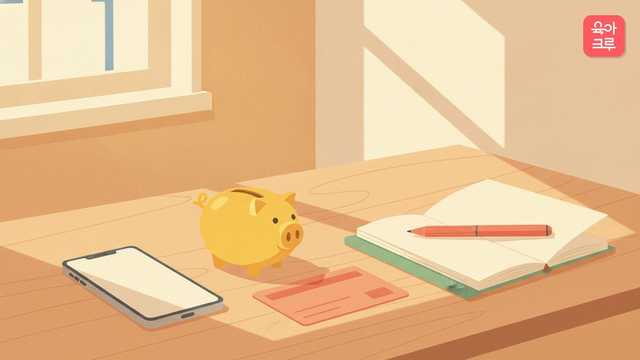 책상 위 스마트폰과 건강보험증 모양 카드, 저금통 그림