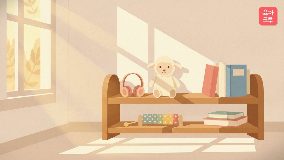 아기 방 선반 위에 놓인 작은 헤드폰 모양 장난감과 그림책, 부드러운 인형