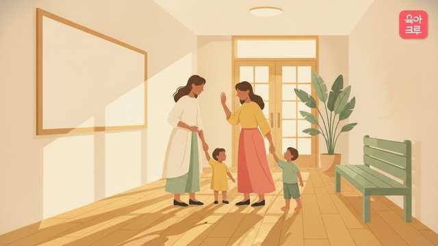 가족센터 앞에서 엄마 두 사람이 아이 손을 잡고 다음에 보자며 인사하는 일러스트
