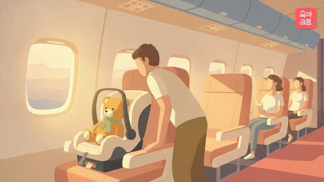비행기 창가 좌석에 설치된 작은 여행용 카시트와 인형 일러스트