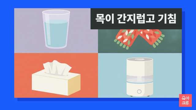 물 한 잔, 목도리, 휴지 상자, 가습기가 그려진 목이 간지럽고 기침 안내 그리드 그림