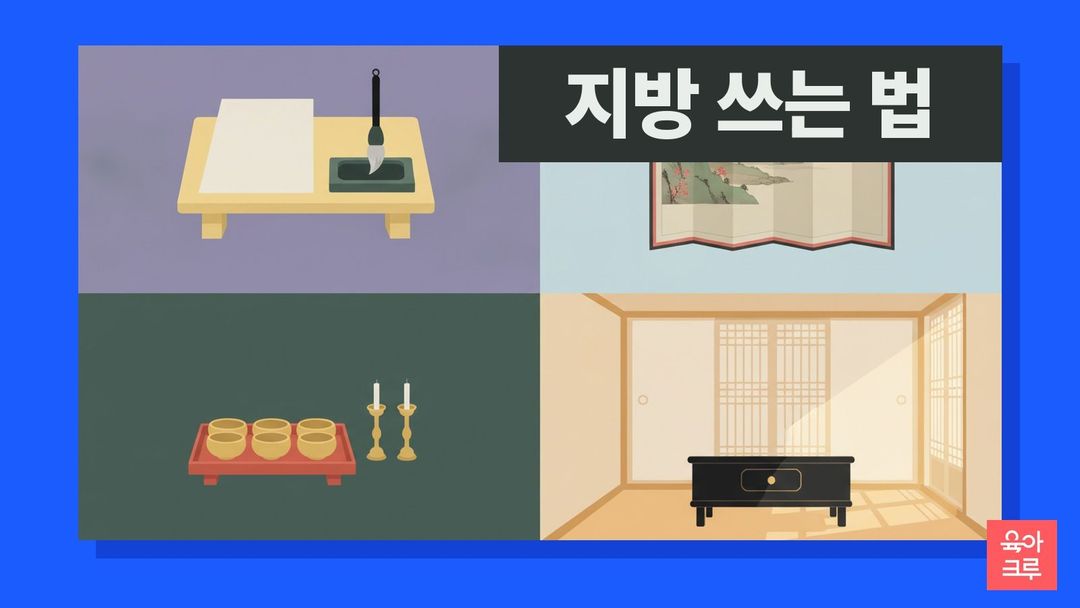 지방 쓰는 법 일러스트, 흰 종이와 붓, 먹, 병풍이 놓인 차분한 제사 준비 장면