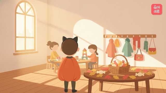 할로윈 소품으로 꾸민 어린이집 교실에서 호박 망토를 입은 아이 일러스트