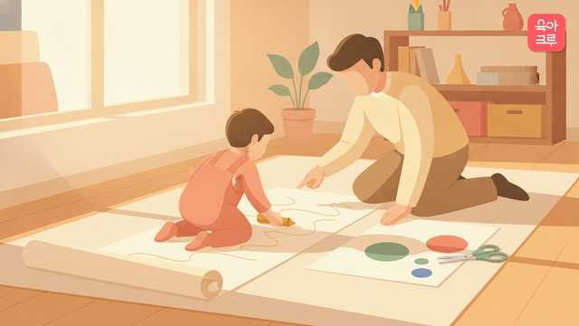 바닥에 펼친 긴 종이에 크레용으로 물결선을 그리는 아이