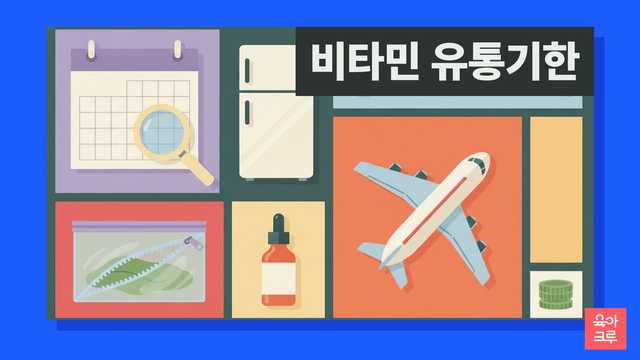 달력과 냉장고, 스포이트 병과 비행기가 놓인 비타민 유통기한 일러스트