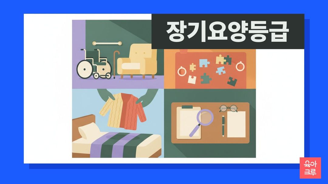 장기요양등급 기준 일러스트, 안전손잡이 옆 지팡이와 휠체어, 주간보호실 탁자의 퍼즐, 돋보기와 빈 서류