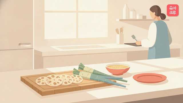 도마 위 얇게 썬 연근과 우엉