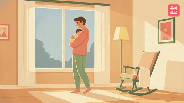 저녁 창가에서 아기를 안고 자장가를 부르는 부모 옆모습 일러스트