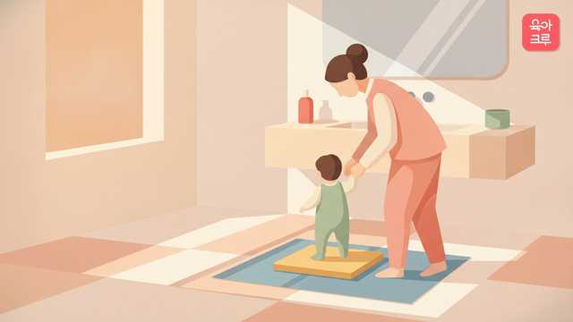 엄마가 욕실 체중계에 아이를 올려 주며 몸무게를 재는 모습