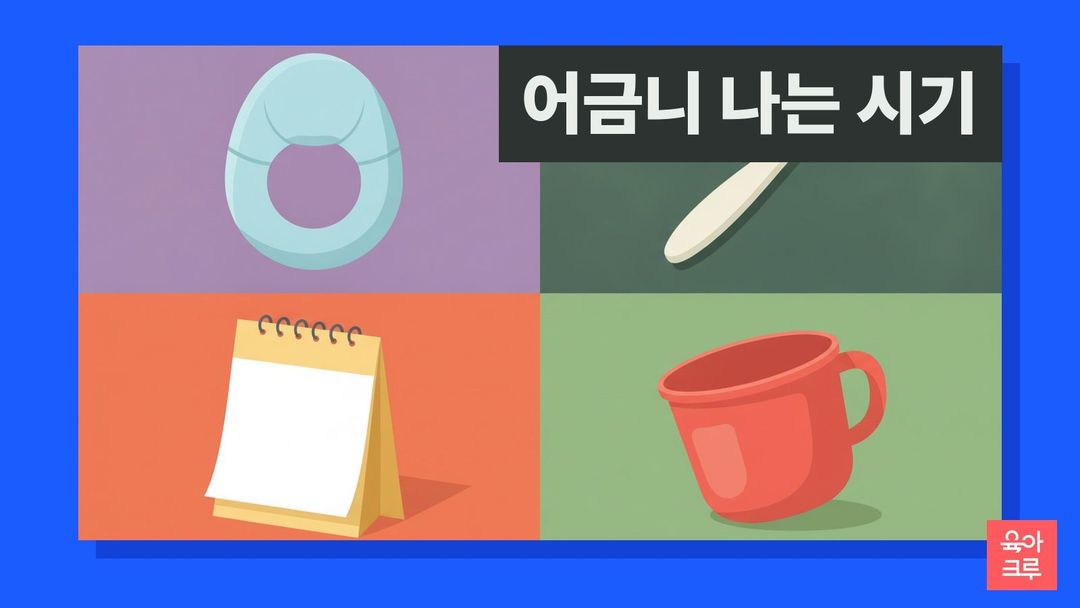 어금니 나는 시기 일러스트, 아기 치발기와 아기 칫솔, 달력과 양치 컵