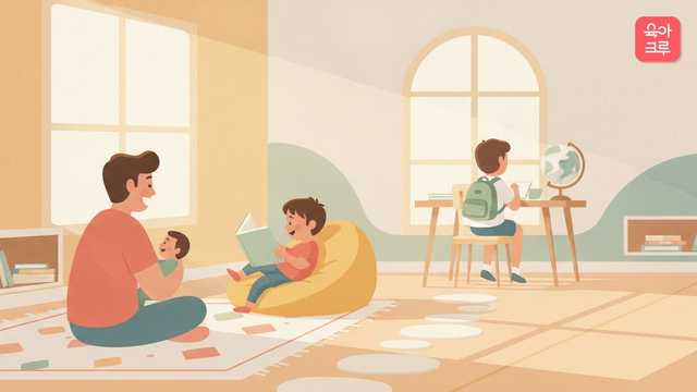 아기에게 노래하는 부모, 그림책을 넘기는 유아, 책상에 앉은 초등학생이 이어지는 집 안 그림