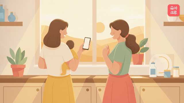 부엌에서 휴대폰을 보며 이야기 나누는 두 엄마 일러스트