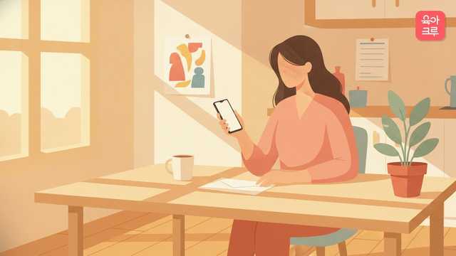 여성이 식탁에서 건강검진 안내문을 보며 휴대폰으로 조회하는 일러스트