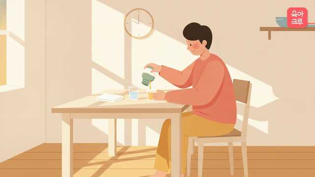 부엌 식탁에서 부모가 계량컵에 아이 물약을 담고 있고 벽에 시계가 걸린 모습