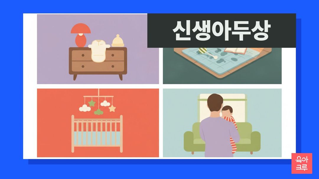 신생아 두상 일러스트, 서랍장 위 개어 둔 수면조끼와 아기 모자, 놀이매트 위 헝겊 장난감, 아기침대 옆 모빌, 어깨에 안긴 아기 뒷모습