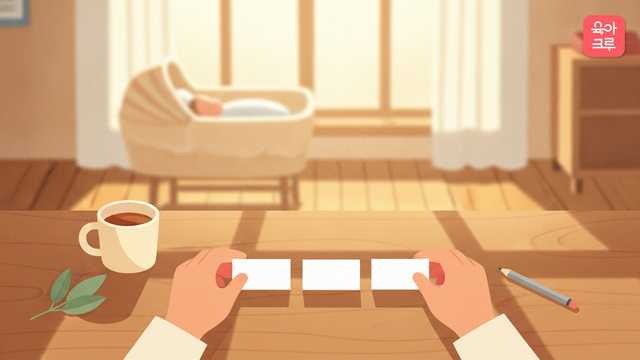 식탁에서 빈 카드 세 장을 놓고 고르는 손과 요람에서 자는 아기
