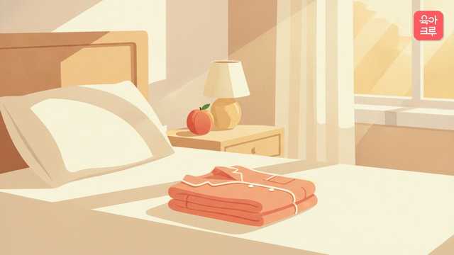 침대 위에 개어 놓은 복숭아빛 보들보들한 아이 잠옷 한 벌과 베개 일러스트