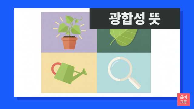 광합성 뜻 일러스트, 햇빛 받는 화분과 잎, 돋보기와 물뿌리개