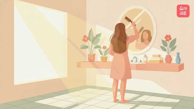 아침 햇살이 드는 욕실에서 머리를 빗는 엄마 일러스트
