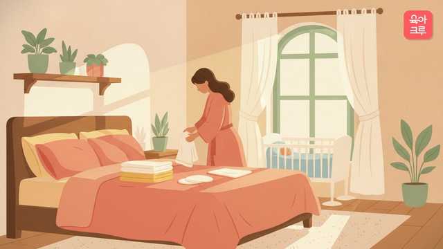 침실에서 면 패드와 수건을 개는 엄마와 아기 침대 일러스트