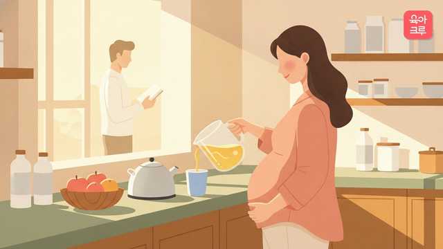 밝은 부엌에서 임신한 여성이 유리 물병에 담긴 보리차를 텀블러에 따르는 모습