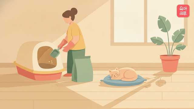장갑을 끼고 고양이 배변상자를 매일 치우는 모습과 멀리 쉬는 고양이 일러스트