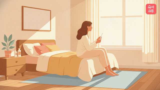 밝은 침실 침대에 앉아 흰색 검사 막대를 손에 들고 바라보는 여성
