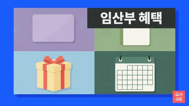 임산부 혜택 일러스트, 카드와 임산부 수첩, 리본 선물 상자와 달력