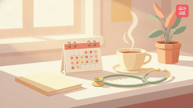 산모수첩과 달력, 청진기가 놓인 진료실 책상 그림