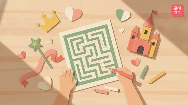 미로찾기 도안에 크레용으로 길을 긋는 아이 손과 왕관, 성, 요술봉 일러스트