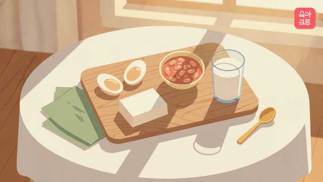 식탁에 차린 달걀과 두부, 콩이 담긴 접시
