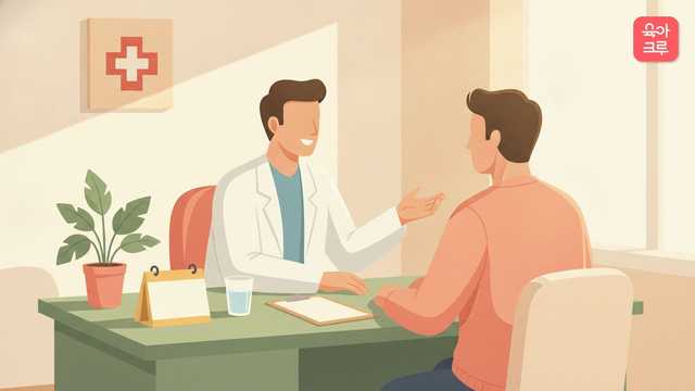 정액검사 금욕기간 글 커버 — 비뇨의학과 상담실에서 의사의 설명을 듣는 남성