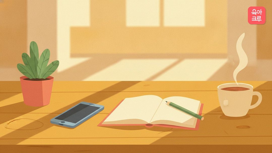 나무 책상 위에 놓인 화면이 꺼진 스마트폰과 노트, 작은 화분