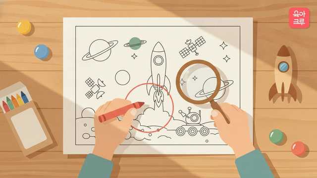 로켓과 고리 달린 행성이 그려진 선 그림 위에서 돋보기와 빨간 크레용을 든 아이 손