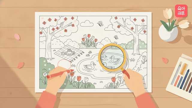 벚나무와 튤립, 오리 연못이 그려진 선 그림 위에서 돋보기와 빨간 크레용을 든 아이 손