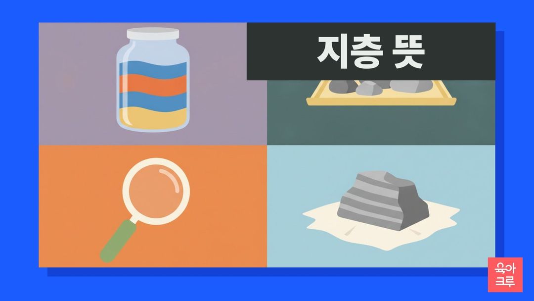 지층 뜻 일러스트, 색 모래 층 병과 조약돌, 돋보기