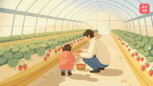 비닐하우스 딸기밭에서 부모와 아이가 뒤돌아 앉아 빨간 딸기를 바구니에 따 담는 모습