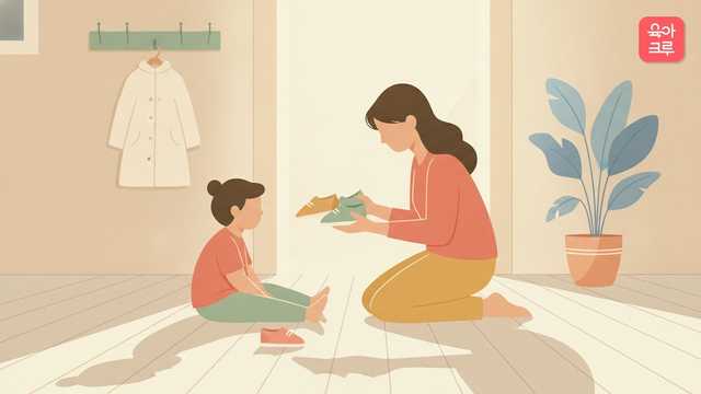 현관에서 엄마가 무릎을 굽혀 아이에게 신발 두 켤레를 보여 주는 일러스트