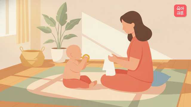 아기가 단단한 링을 두 손으로 쥐고 있고 엄마가 옆에서 깨끗한 천을 들고 있는 일러스트