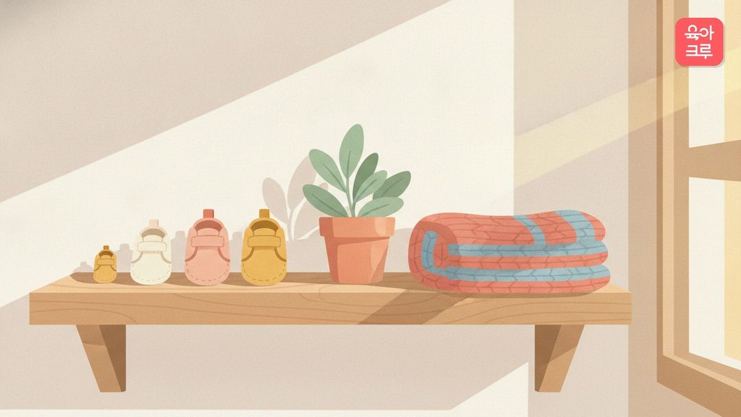 나무 선반 위에 크기가 다른 아기 신발들이 나란히 놓이고 화분과 접힌 담요가 함께 있는 일러스트