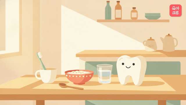 아이 칫솔과 컵, 부드러운 죽 한 그릇이 놓인 식탁 정물 일러스트