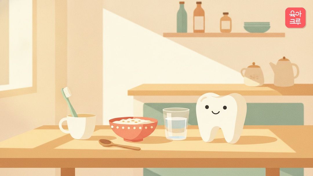 아이 칫솔과 컵, 부드러운 죽 한 그릇이 놓인 식탁 정물 일러스트