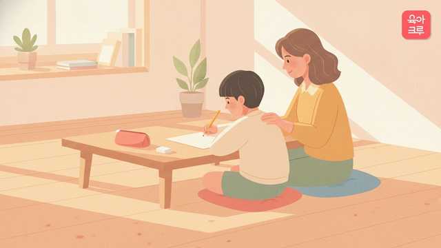 거실 낮은 탁자에서 아이가 연필로 학습지를 풀고 보호자가 옆에 앉아 지켜보는 초등 저학년 단원평가 그림