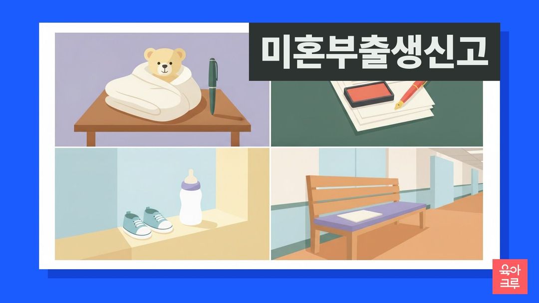 미혼부 출생신고 일러스트, 아기 담요에 싸인 곰인형, 빈 서류와 도장, 아기 신발 한 켤레