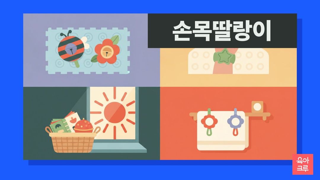 손목딸랑이 일러스트, 부드러운 놀이 매트 위 천 손목딸랑이와 발목딸랑이, 작은 아기 손, 헝겊책과 오뚝이, 창가 햇살