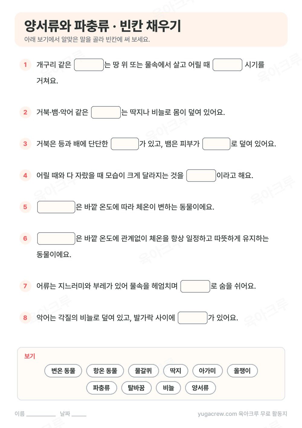 양서류 파충류 내용을 빈칸 채우기 8문제로 만든 A4 학습지와 보기 낱말
