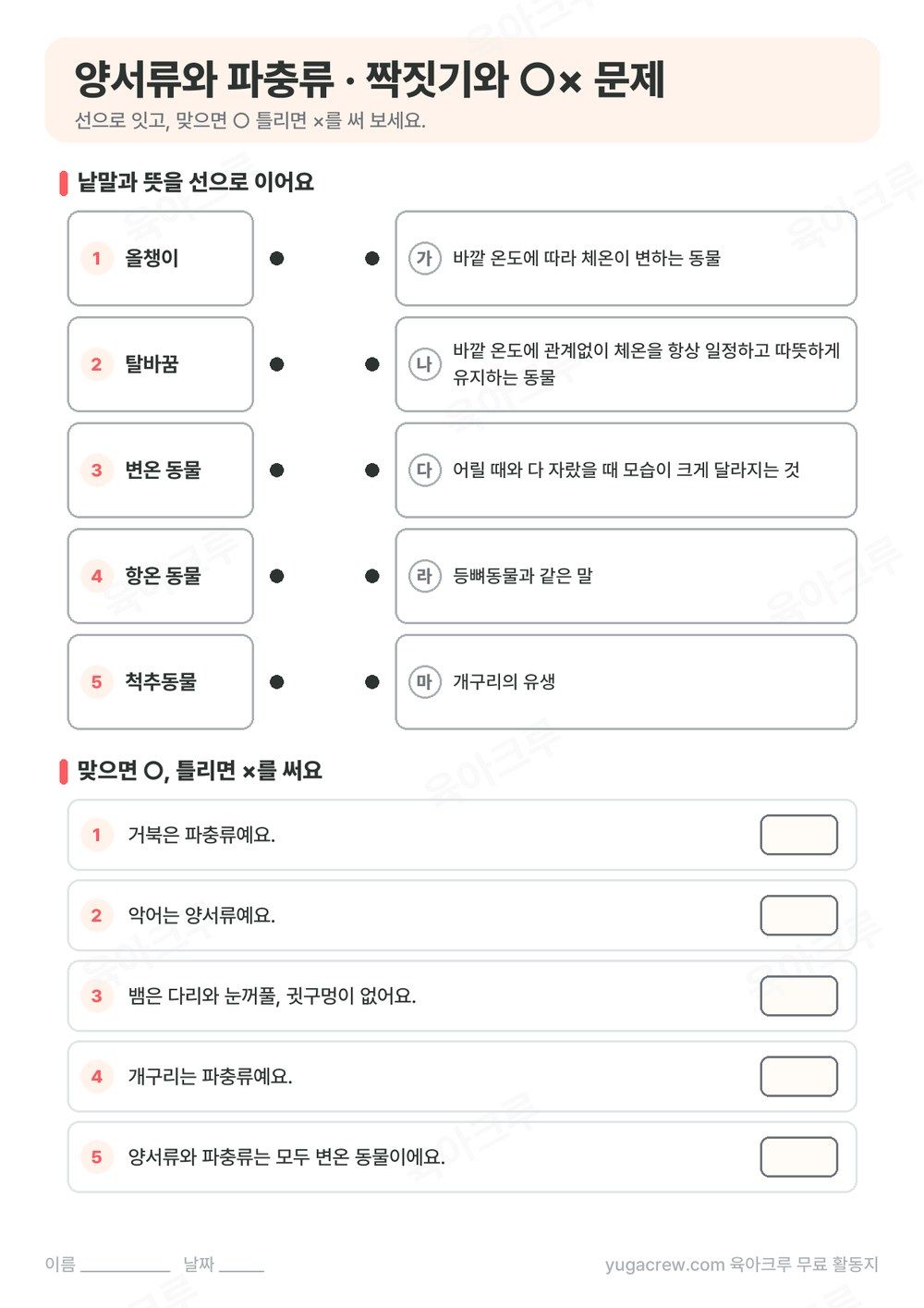 올챙이, 탈바꿈, 변온 동물, 항온 동물을 뜻과 선으로 잇는 문제와 ○× 문제